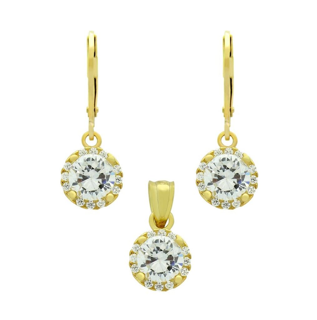 .925 Sterling Silver Gold Plated Set: 6.5mm Round Cz Earrings And Pendant With Cz Halo