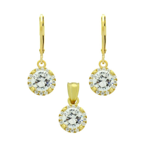 .925 Sterling Silver Gold Plated Set: 6.5mm Round Cz Earrings And Pendant With Cz Halo