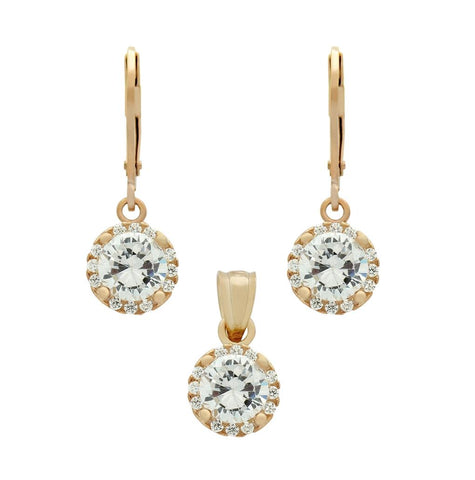 .925 Sterling Silver Rose Gold Plated Set: 6.5mm Round Cz Earrings And Pendant With Cz Halo