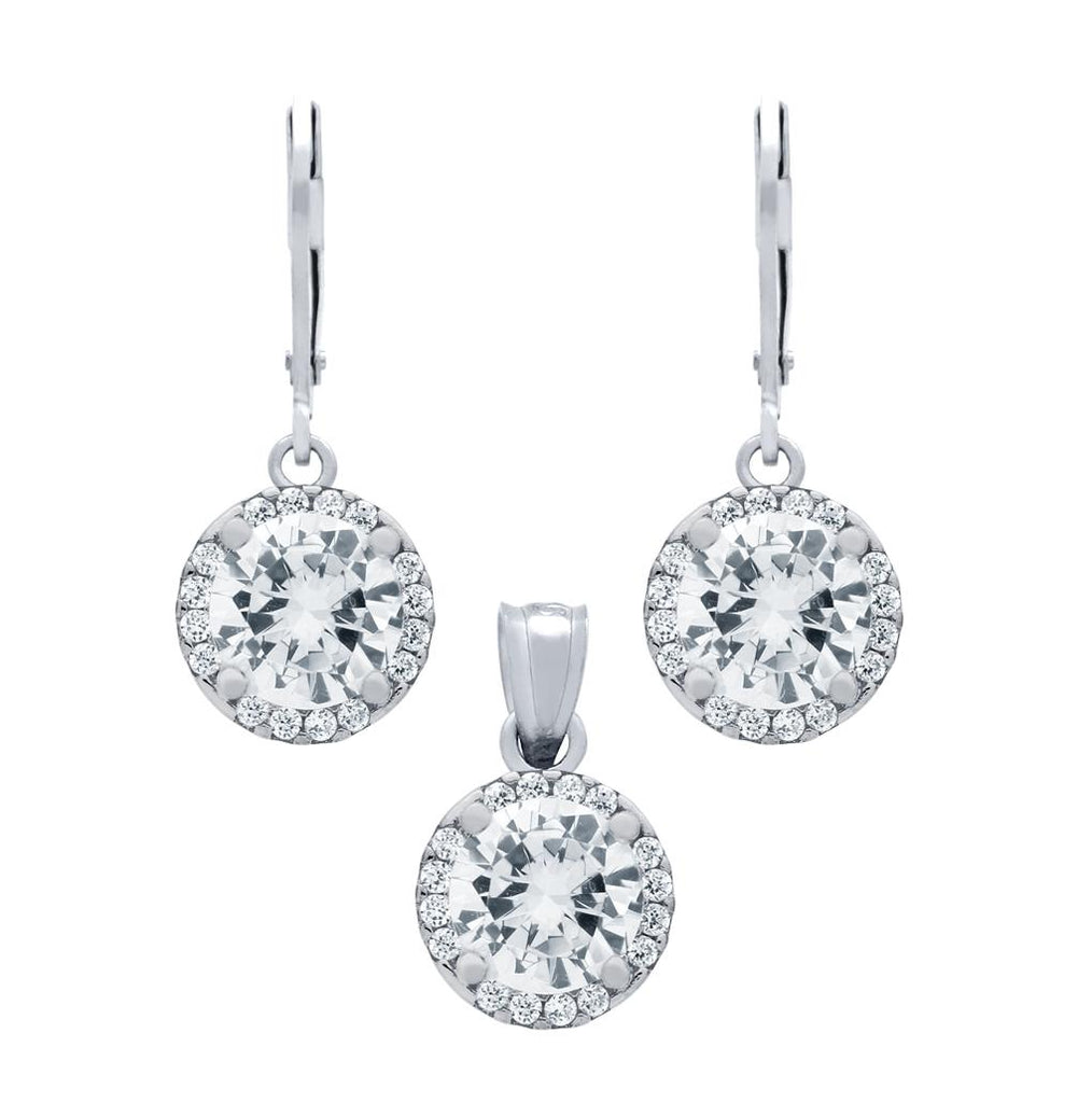 .925 Sterling Silver Rhodium Plated Set: 7.5mm Round Cz Earrings And Pendant With Cz Halo