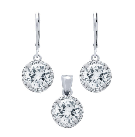 .925 Sterling Silver Rhodium Plated Set: 7.5mm Round Cz Earrings And Pendant With Cz Halo