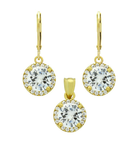 .925 Sterling Silver Gold Plated Set: 7.5mm Round Cz Earrings And Pendant With Cz Halo