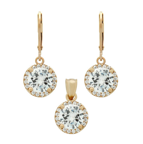 .925 Sterling Silver Rose Gold Plated Set: 7.5mm Round Cz Earrings And Pendant With Cz Halo