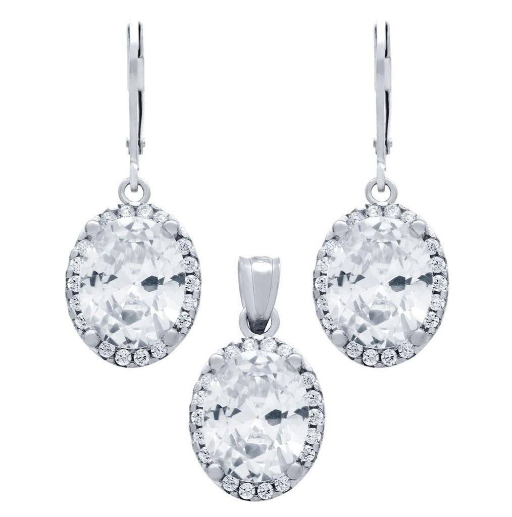 .925 Sterling Silver Rhodium Plated Set: 8x10mm Oval Cz Earrings And Pendant With Cz Halo