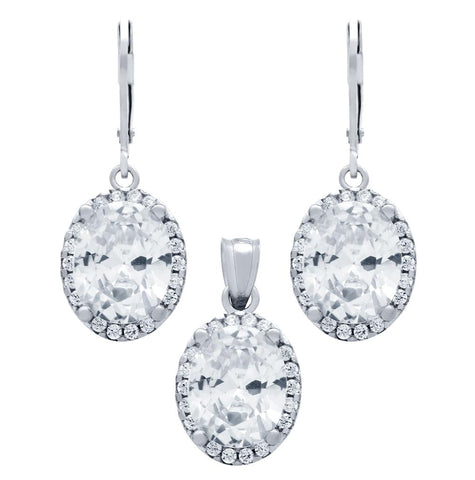 .925 Sterling Silver Rhodium Plated Set: 8x10mm Oval Cz Earrings And Pendant With Cz Halo