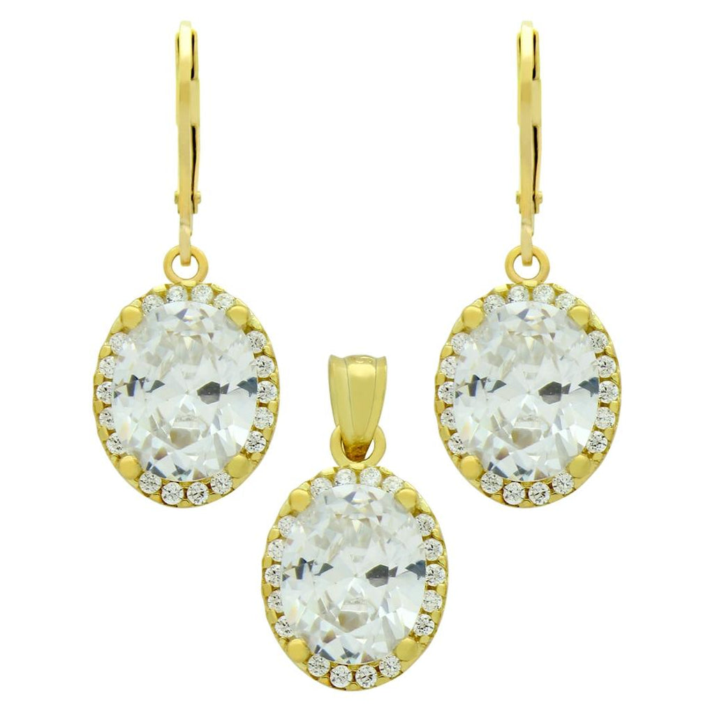 .925 Sterling Silver Gold Plated Set: 8x10mm Oval Cz Earrings And Pendant With Cz Halo