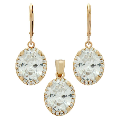 .925 Sterling Silver Rose Gold Plated Set: 8x10mm Oval Cz Earrings And Pendant With Cz Halo