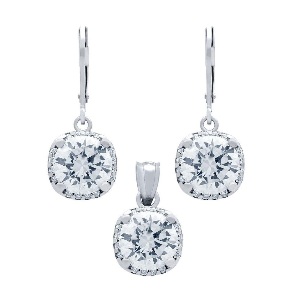 .925 Sterling Silver Rhodium Plated Set: 9mm Round Cz In Square Design Earrings And Pendant, With Cz Halo