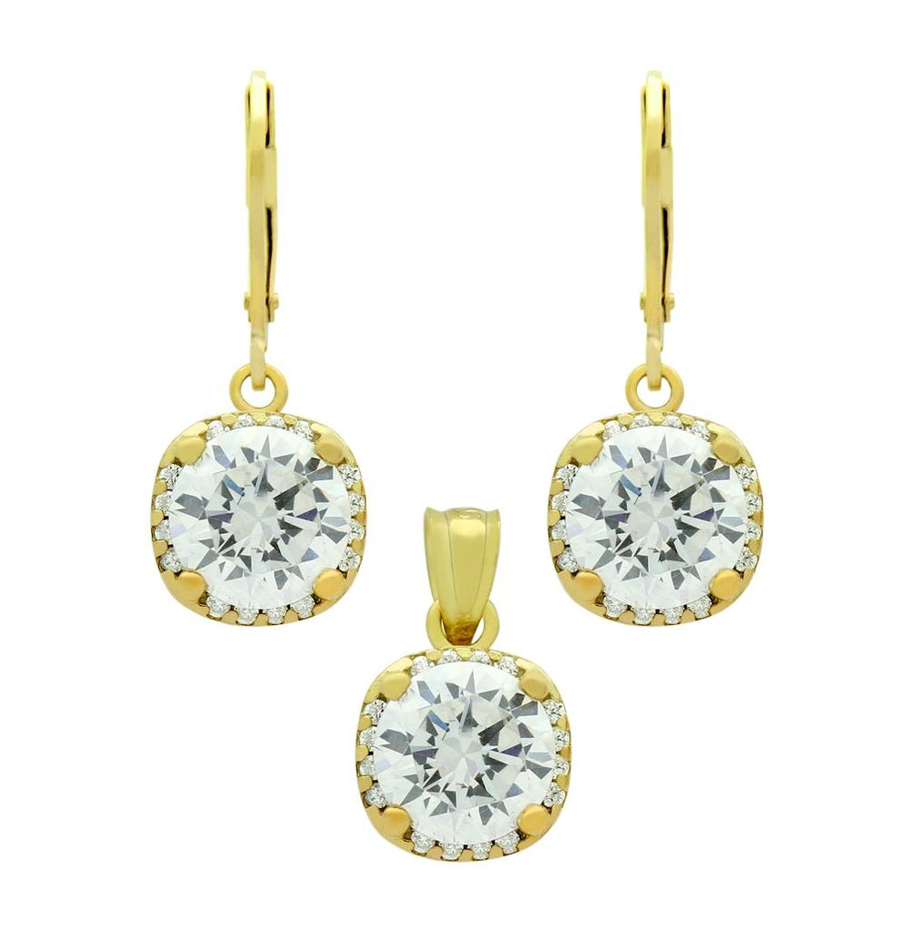 .925 Sterling Silver Gold Plated Set: 9mm Round Cz In Square Design Earrings And Pendant, With Cz Halo