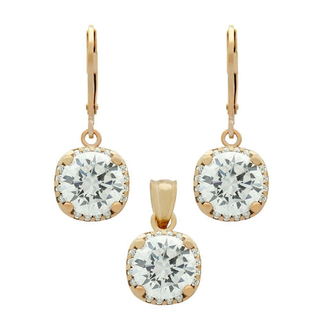 .925 Sterling Silver Rose Gold Plated Set: 9mm Round Cz In Square Design Earrings And Pendant, With Cz Halo