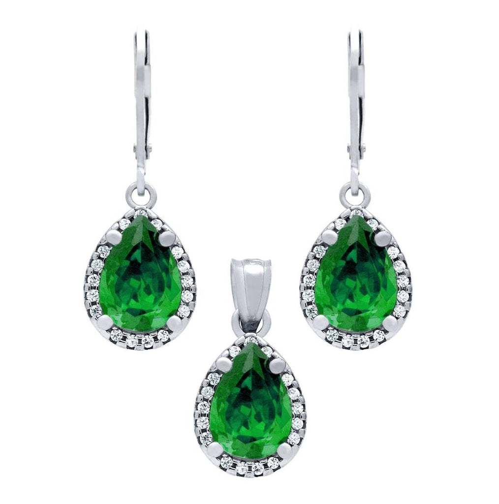 .925 Sterling Silver Rhodium Plated Set: 10mm Teardrop Cz Earrings And Pendant, With Cz Halo