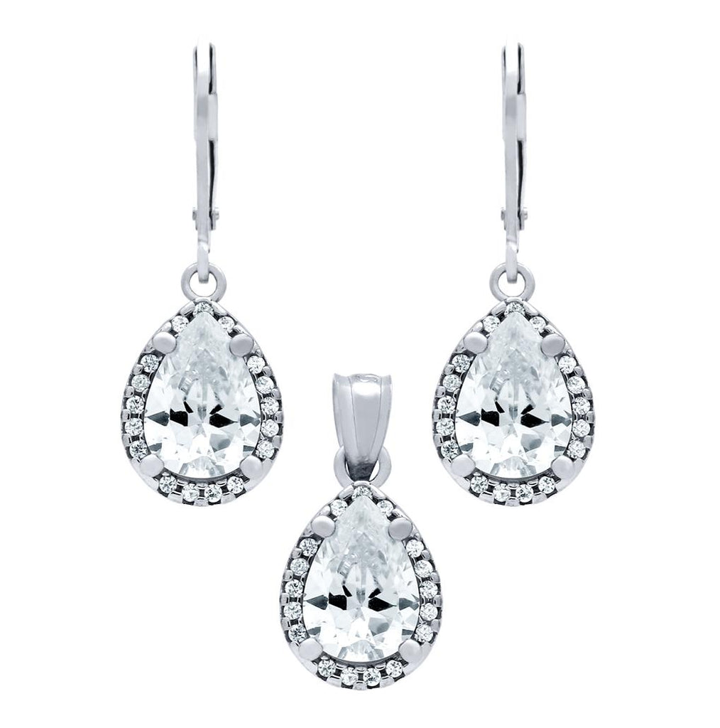 .925 Sterling Silver Rhodium Plated Set: 10mm Teardrop Cz Earrings And Pendant, With Cz Halo