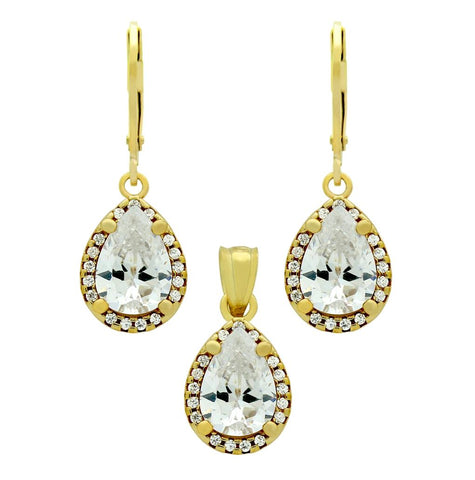 .925 Sterling Silver Gold Plated Set: 10mm Teardrop Cz Earrings And Pendant, With Cz Halo