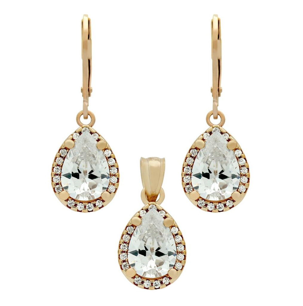 .925 Sterling Silver Rose Gold Plated Set: 10mm Teardrop Cz Earrings And Pendant, With Cz Halo