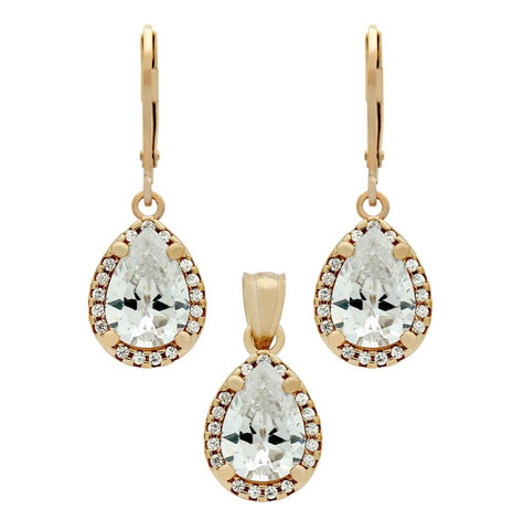 .925 Sterling Silver Rose Gold Plated Set: 10mm Teardrop Cz Earrings And Pendant, With Cz Halo