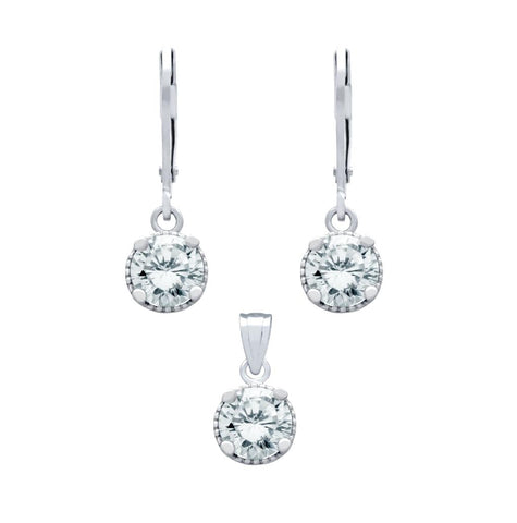 .925 Sterling Silver Rhodium Plated Set: 6.5mm Round Cz Earrings And Pendant