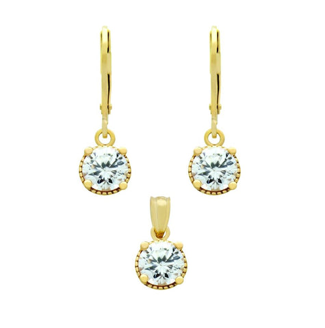 .925 Sterling Silver Gold Plated Set: 6.5mm Round Cz Earrings And Pendant