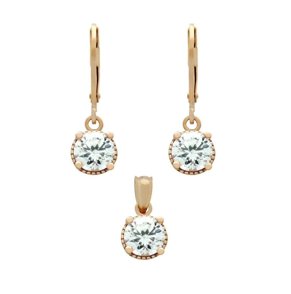 .925 Sterling Silver Rose Gold Plated Set: 6.5mm Round Cz Earrings And Pendant