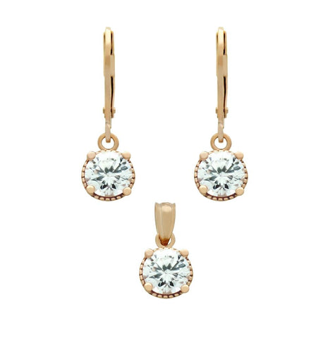 .925 Sterling Silver Rose Gold Plated Set: 6.5mm Round Cz Earrings And Pendant