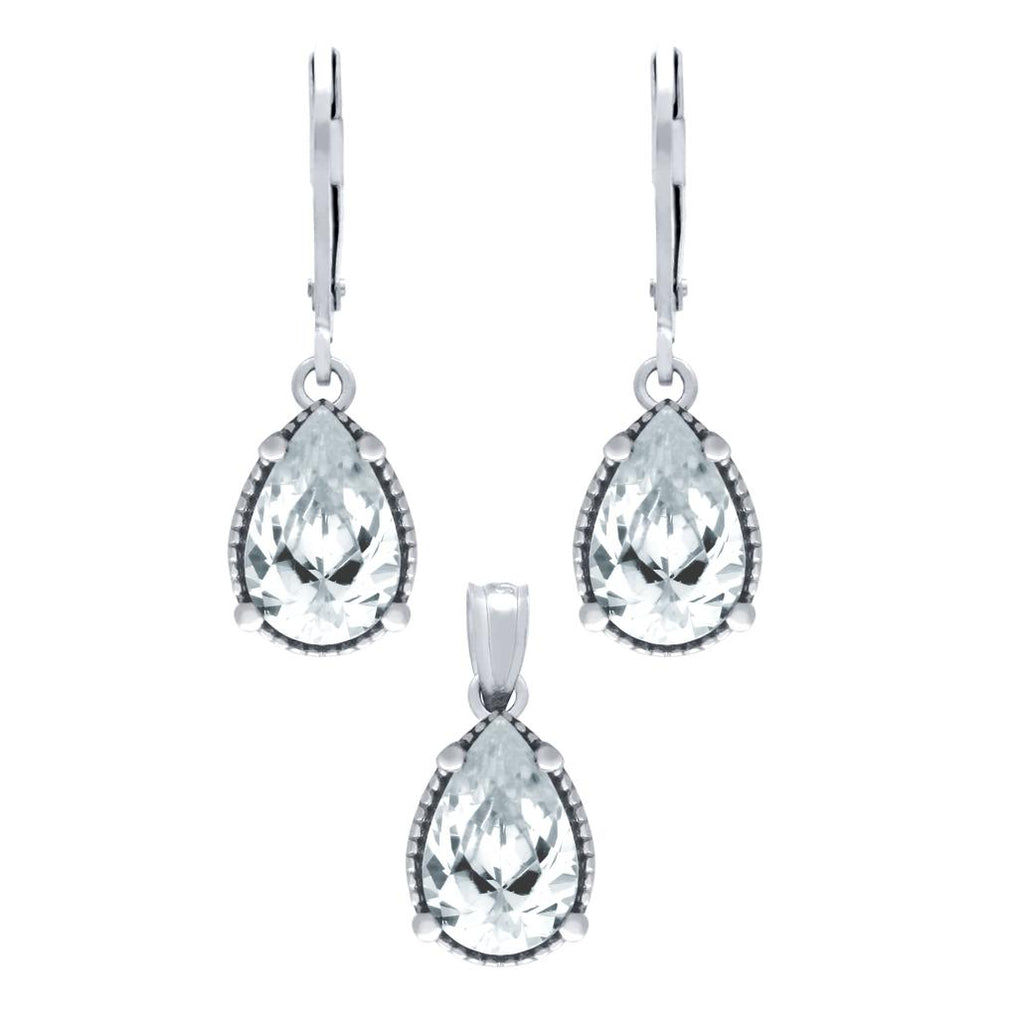 .925 Sterling Silver Rhodium Plated Set: 9mm Teardrop Cz Earrings And Pendant