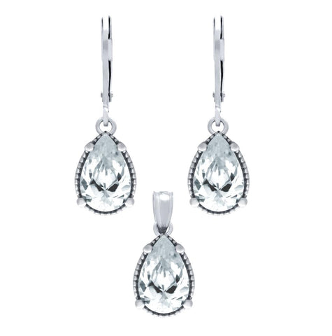 .925 Sterling Silver Rhodium Plated Set: 9mm Teardrop Cz Earrings And Pendant