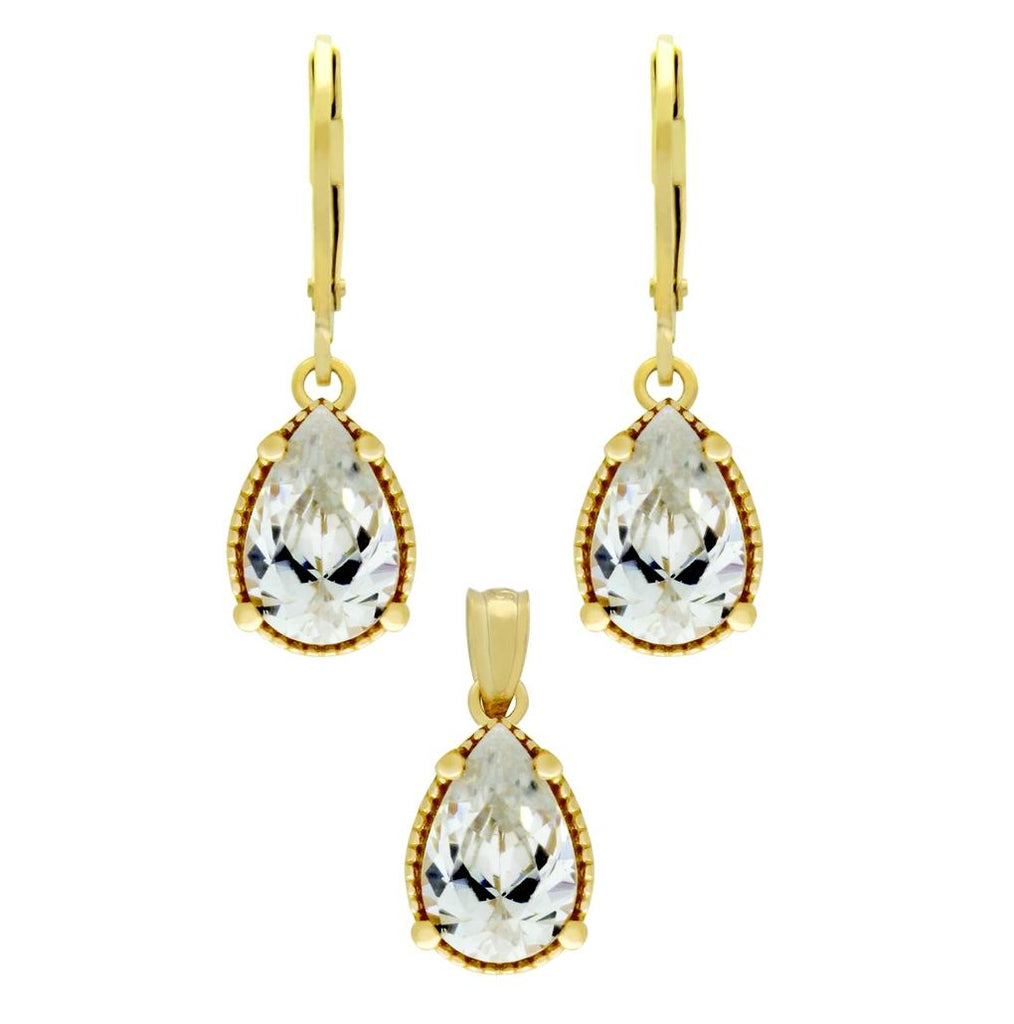 .925 Sterling Silver Gold Plated Set: 9mm Teardrop Cz Earrings And Pendant