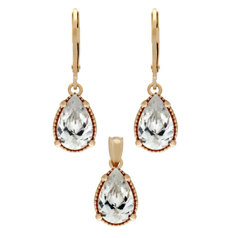 .925 Sterling Silver Rose Gold Plated Set: 9mm Teardrop Cz Earrings And Pendant