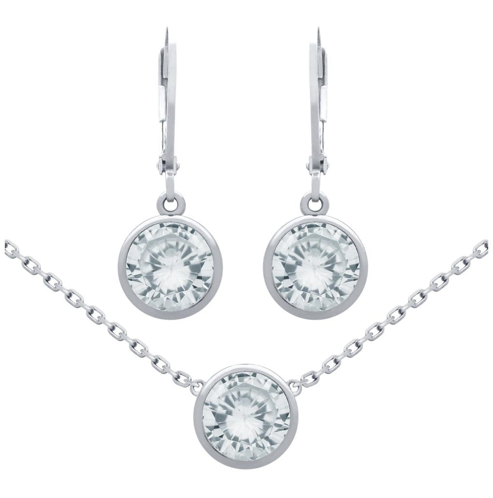 .925 Sterling Silver Rhodium Plated Set: 7.5mm Round Bezel-set Cz Earrings And 16+2" Necklace