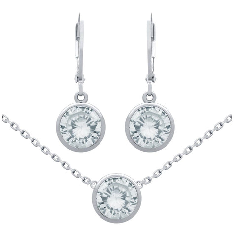 .925 Sterling Silver Rhodium Plated Set: 7.5mm Round Bezel-set Cz Earrings And 16+2" Necklace