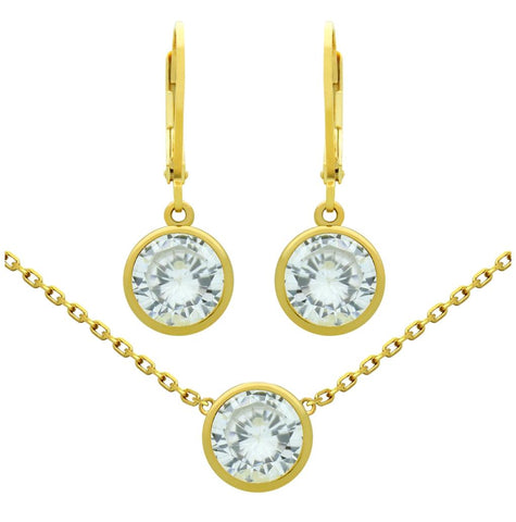 .925 Sterling Silver Gold Plated Set: 7.5mm Round Bezel-set Cz Earrings And 16+2" Necklace