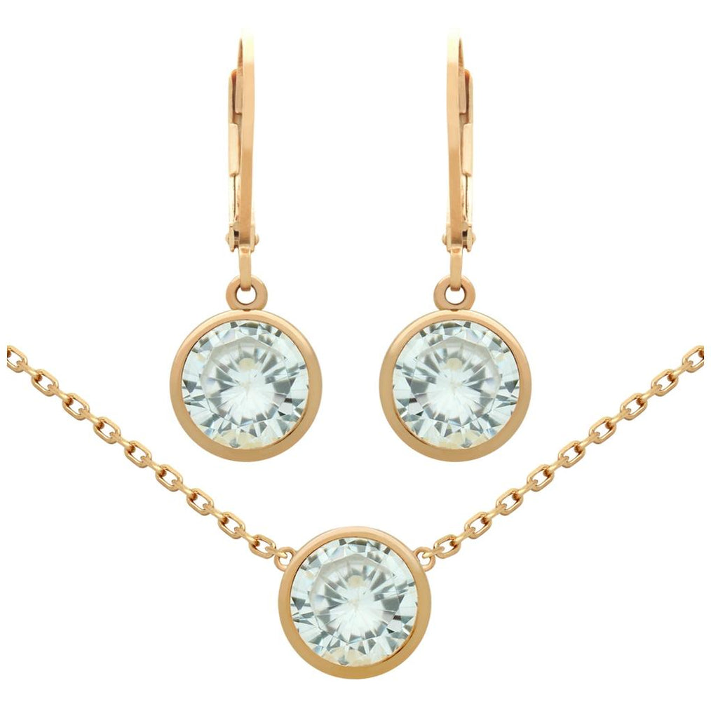 .925 Sterling Silver Rose Gold Plated Set: 7.5mm Round Bezel-set Cz Earrings And 16+2" Necklace