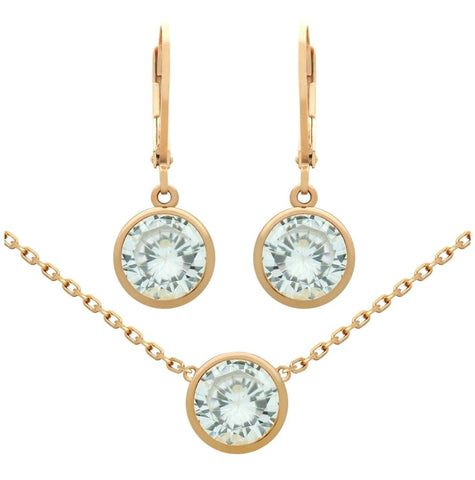 .925 Sterling Silver Rose Gold Plated Set: 7.5mm Round Bezel-set Cz Earrings And 16+2" Necklace