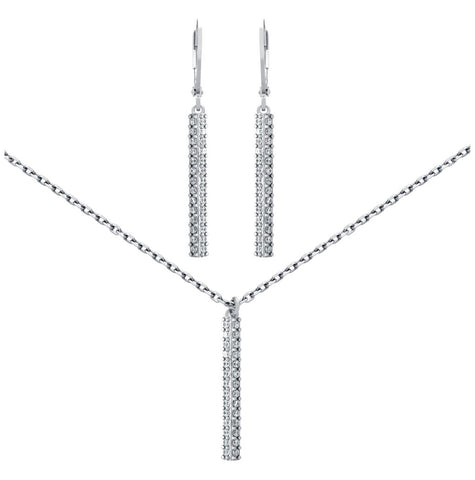 .925 Sterling Silver Rhodium Plated Set: 25mm Long Double-row Cz Pave Bar Earrings And 16+2" Necklace