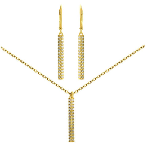 .925 Sterling Silver Gold Plated Set: 25mm Long Double-row Cz Pave Bar Earrings And 16+2" Necklace