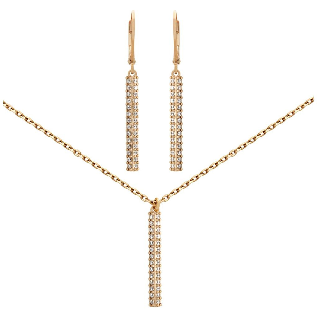 .925 Sterling Silver Rose Gold Plated Set: 25mm Long Double-row Cz Pave Bar Earrings And 16+2" Necklace