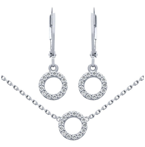 .925 Sterling Silver Rhodium Plated Set: 7mm Cz Eternity Circle Earrings And 16+2" Necklace