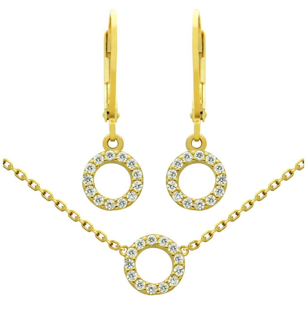 .925 Sterling Silver Gold Plated Set: 7mm Cz Eternity Circle Earrings And 16+2" Necklace