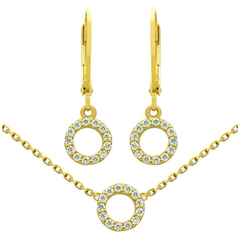 .925 Sterling Silver Gold Plated Set: 7mm Cz Eternity Circle Earrings And 16+2" Necklace