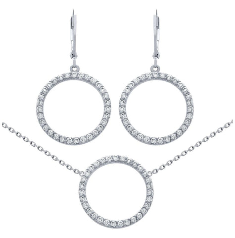 .925 Sterling Silver Rhodium Plated Set: 18mm Cz Eternity Circle Earrings And 16+2" Necklace