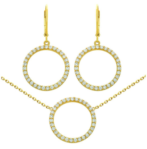 .925 Sterling Silver Gold Plated Set: 18mm Cz Eternity Circle Earrings And 16+2" Necklace