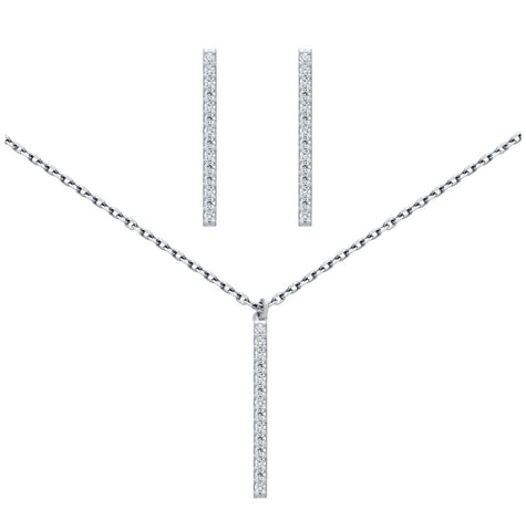 .925 Sterling Silver Rhodium Plated Set: 23mm Long Cz Pave Bar Earrings And 16+2" Necklace