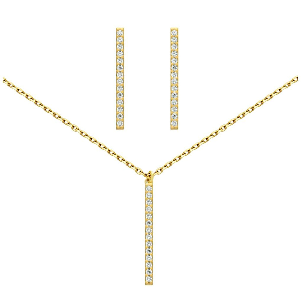 .925 Sterling Silver Gold Plated Set: 23mm Long Cz Pave Bar Earrings And 16+2" Necklace