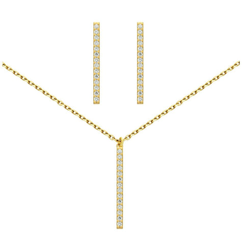 .925 Sterling Silver Gold Plated Set: 23mm Long Cz Pave Bar Earrings And 16+2" Necklace