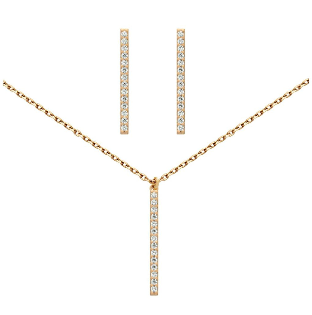 .925 Sterling Silver Rose Gold Plated Set: 23mm Long Cz Pave Bar Earrings And 16+2" Necklace