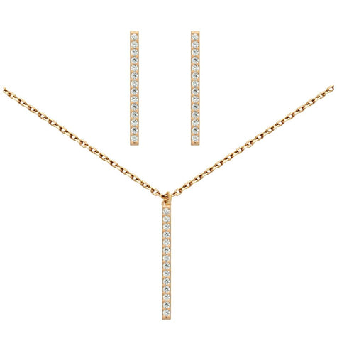 .925 Sterling Silver Rose Gold Plated Set: 23mm Long Cz Pave Bar Earrings And 16+2" Necklace