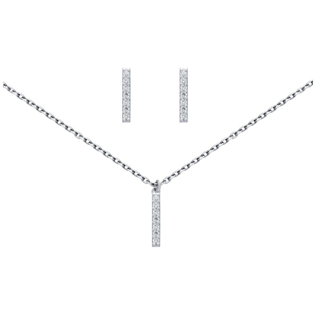 .925 Sterling Silver Rhodium Plated Set: 13mm Long Cz Pave Bar Earrings And 16+2" Necklace