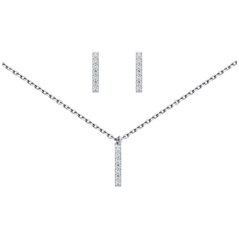 .925 Sterling Silver Rhodium Plated Set: 13mm Long Cz Pave Bar Earrings And 16+2" Necklace