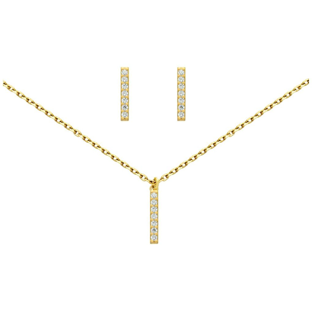 .925 Sterling Silver Gold Plated Set: 13mm Long Cz Pave Bar Earrings And 16+2" Necklace