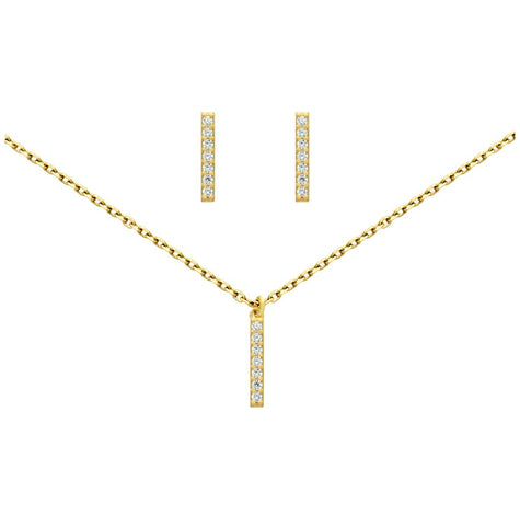 .925 Sterling Silver Gold Plated Set: 13mm Long Cz Pave Bar Earrings And 16+2" Necklace