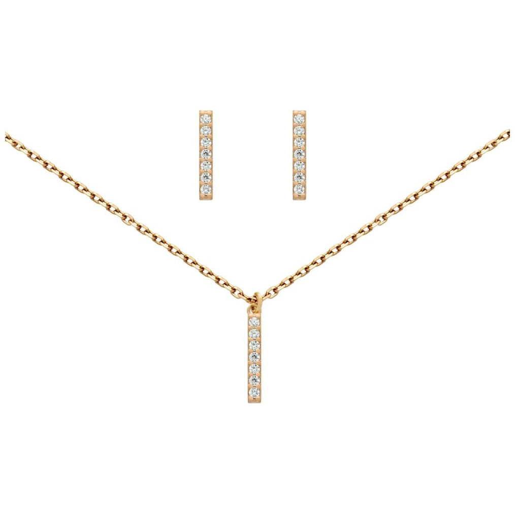 .925 Sterling Silver Rose Gold Plated Set: 13mm Long Cz Pave Bar Earrings And 16+2" Necklace